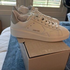 Golden Goose White and Silver Sneakers
